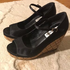 Satin peep toe wedges